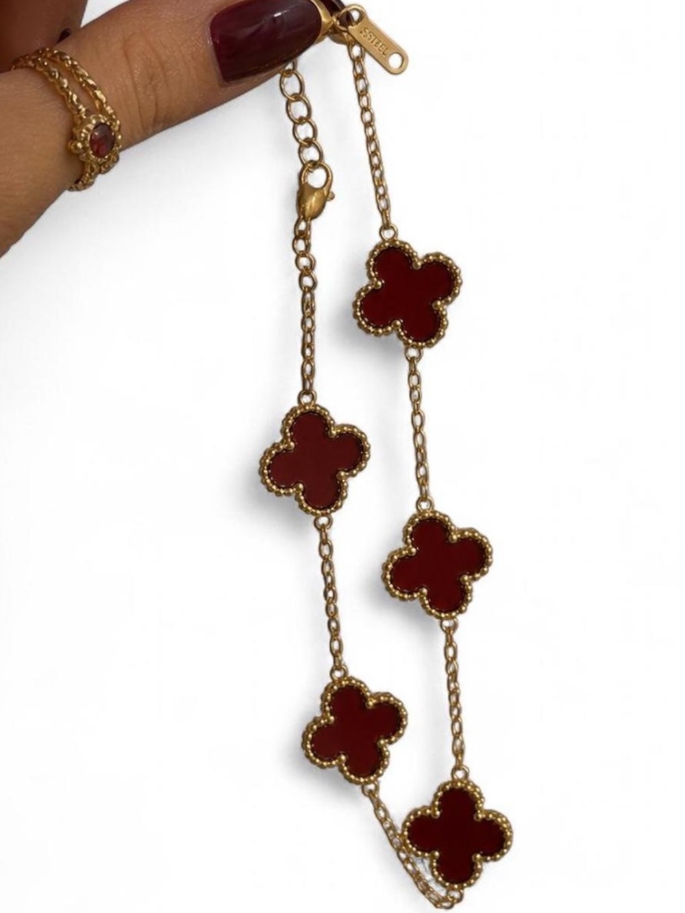 Burgundy and gold 5 motif stainless steel clover bracelet